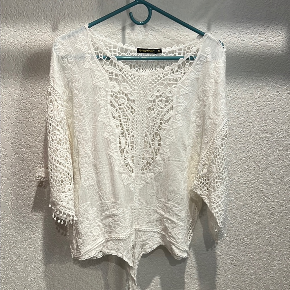 Cream 3/4 Sleeve Cropped Blouse with Embellished Tie Front